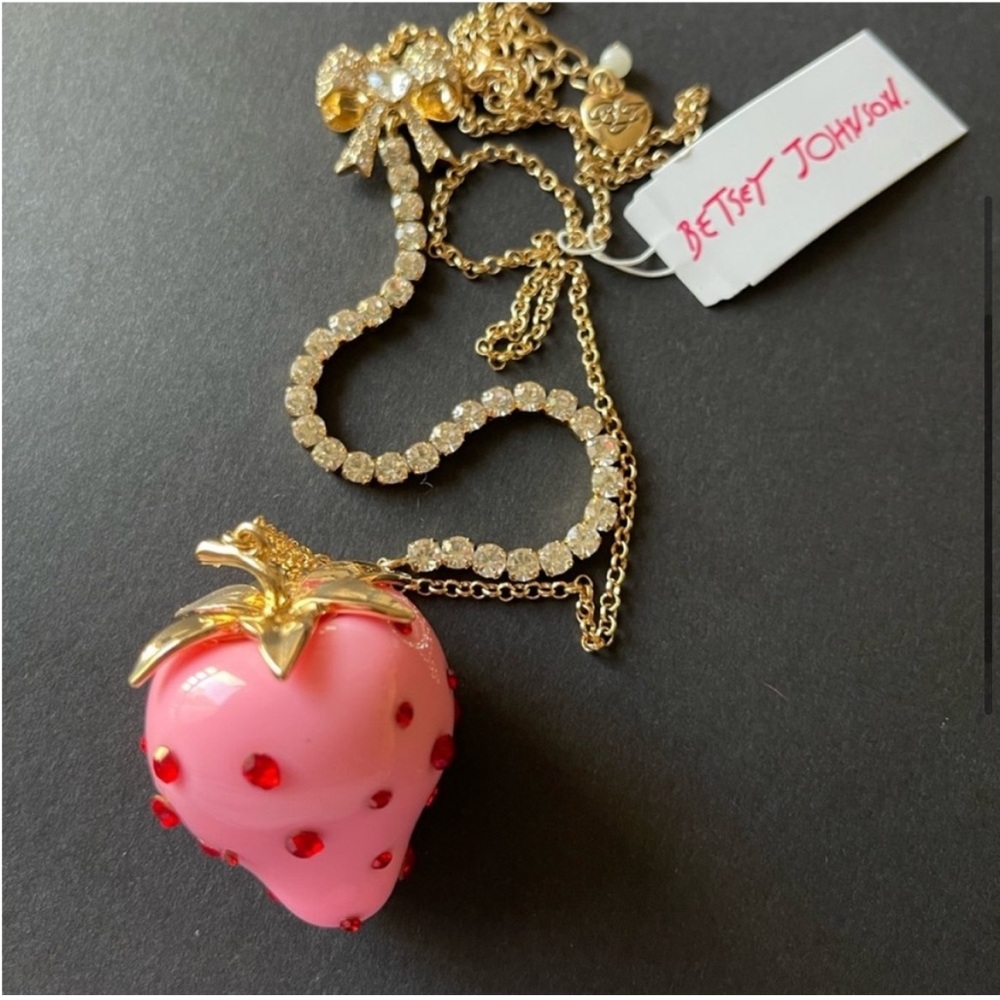 BETSEY JOHNSON Pink Strawberry Necklace & Earring Set Enamel & Red Crystals NWT - Picture 10 of 12